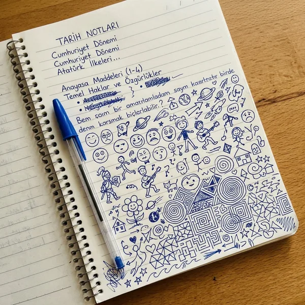 Dalgın karalamalarla dolu defter
